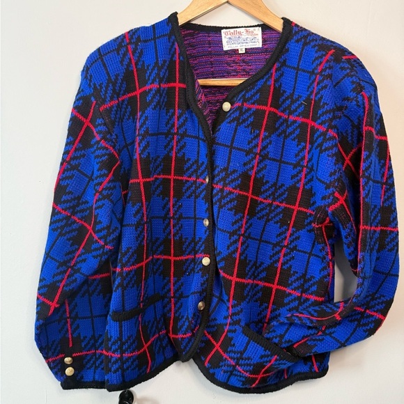 Vintage 80s Plaid Knit Sweater w/ Shoulder Pads & Pockets – Tally-Ho XL - Picture 1 of 8